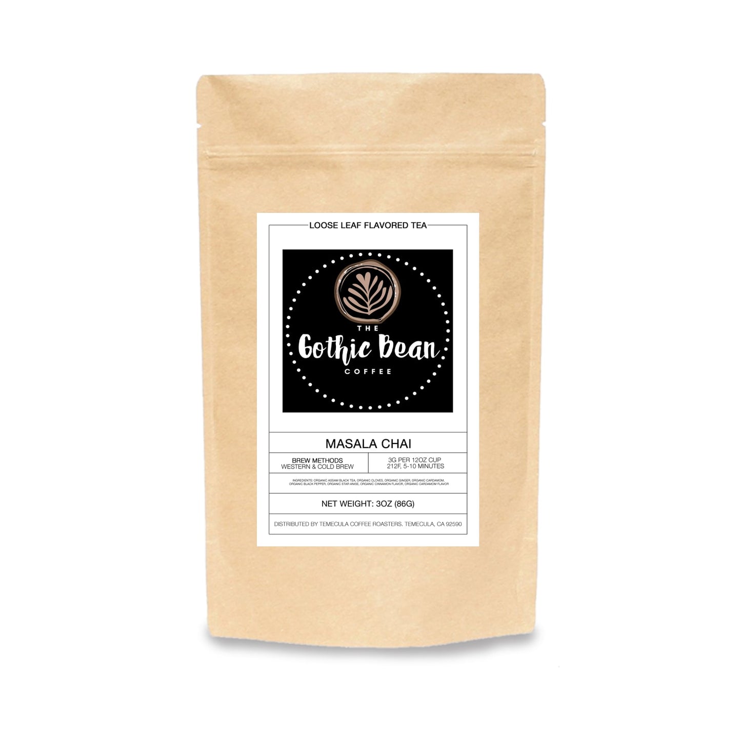 Gothic Bean Coffee & Tea package with a label on a white background