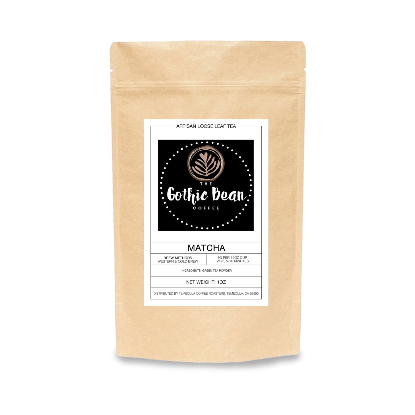 Gothic Bean Coffee & Tea package with a label on a white background