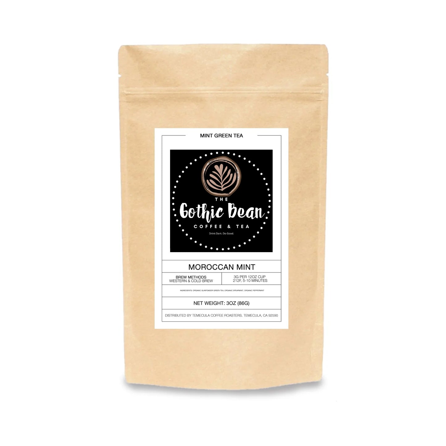Gothic Bean Coffee & Tea package with a label on a white background