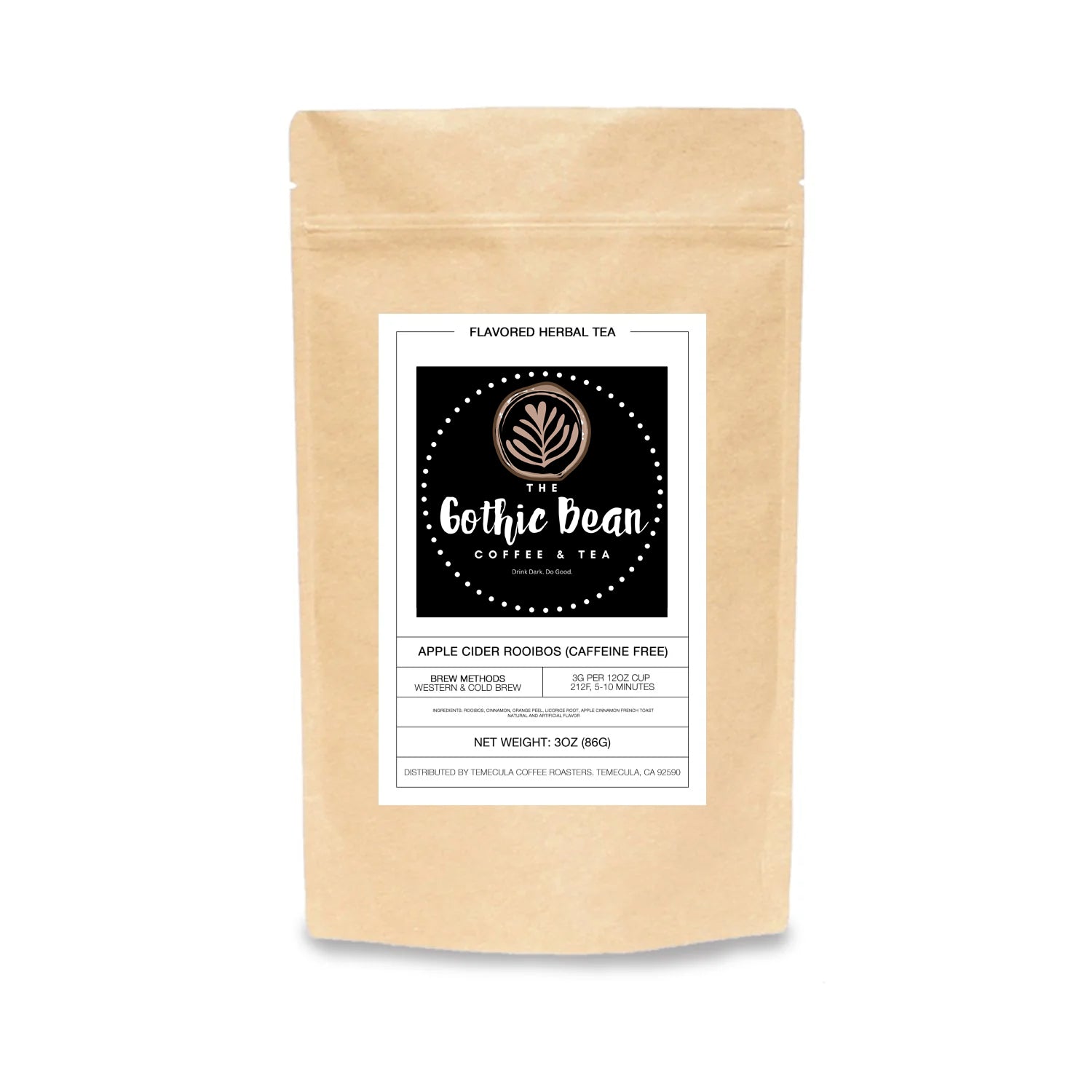 Gothic Bean Coffee & Tea package with a label on a white background