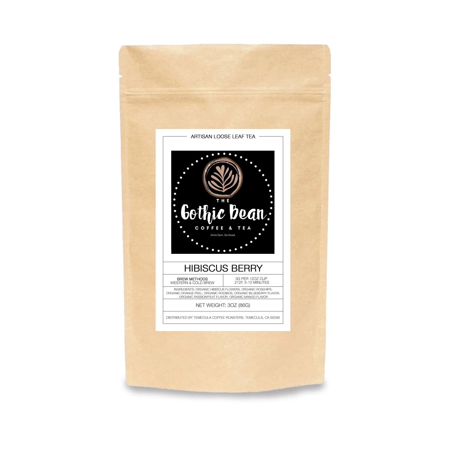Gothic Bean Coffee & Tea packaging with a label on a white background
