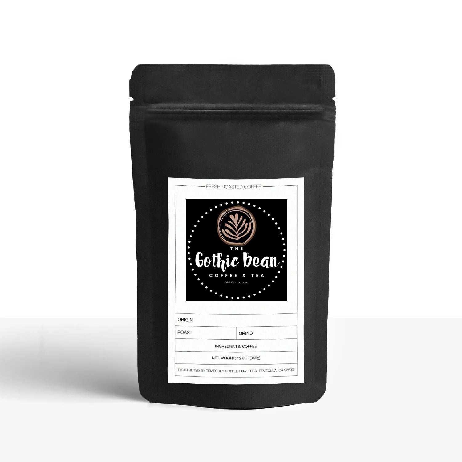 Gothic Bean Coffee & Tea package with a label on a white background