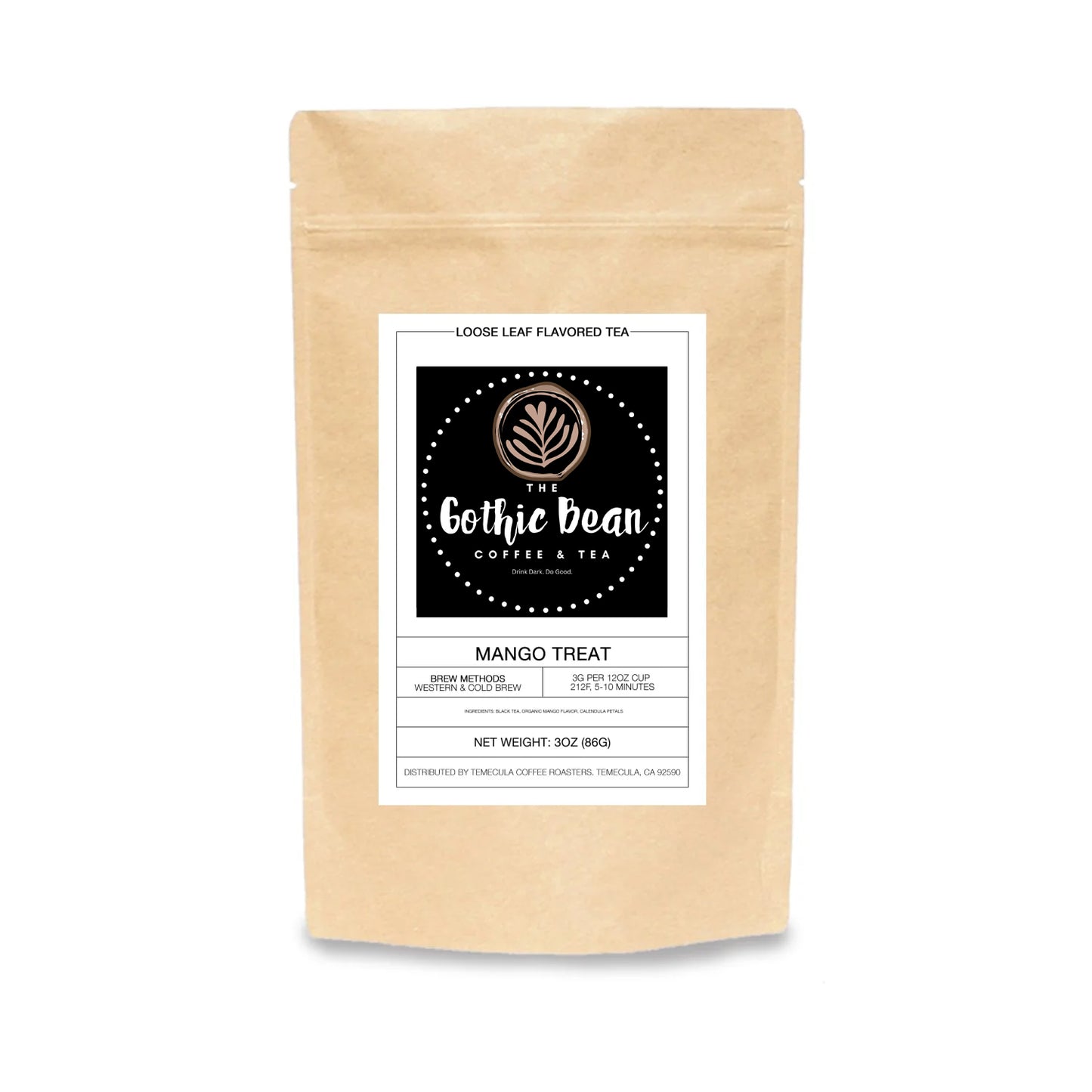 Gothic Bean Coffee & Tea package with a label on a white background