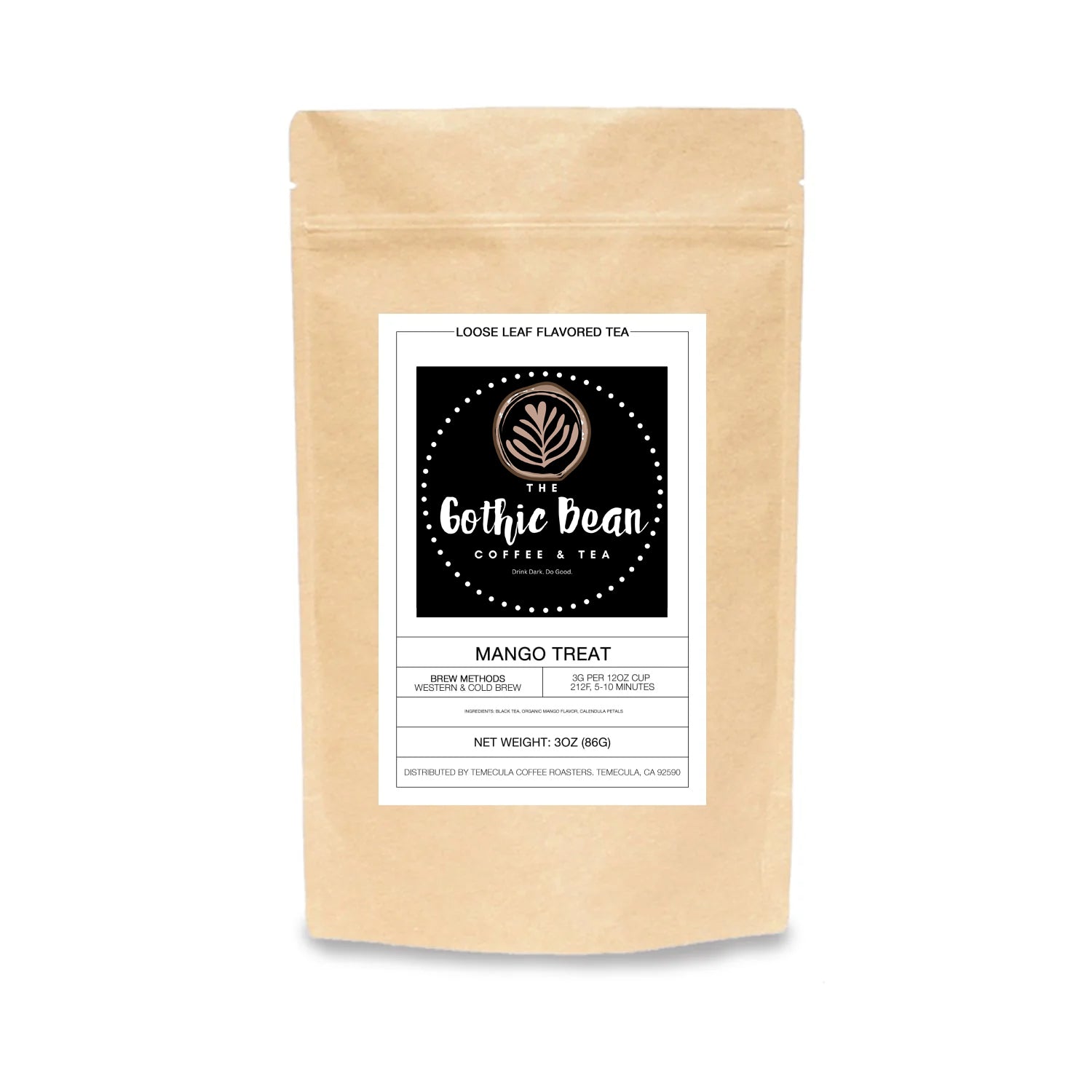 Gothic Bean Coffee & Tea package with a label on a white background