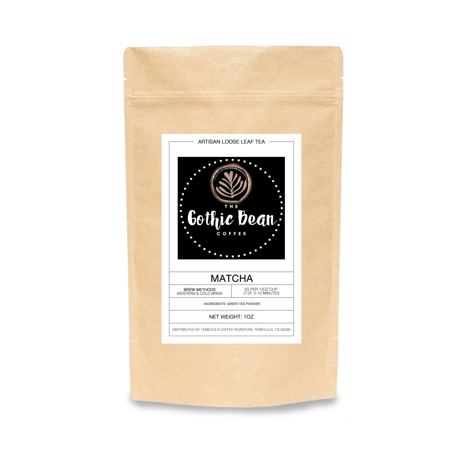 Gothic Bean Coffee & Tea package with a label on a white background