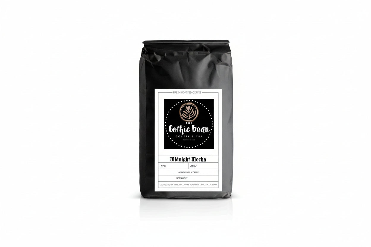 Gothic Bean Coffee & Tea package with a label on a white background